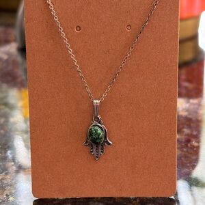 Silver Necklace with Green Turquoise Hamsa Pendant